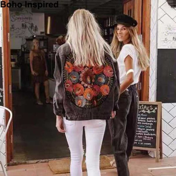 Boho Inspired Oversized multi floral Embroidered Denim Jacket long sleeve casual chic jacket coat women 2020 1