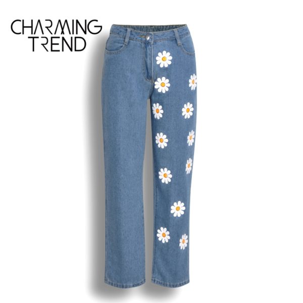 Fashion Chic Woman jeans high waisted 2020 Straight cute female denim long pants trousers vintage daisies 1