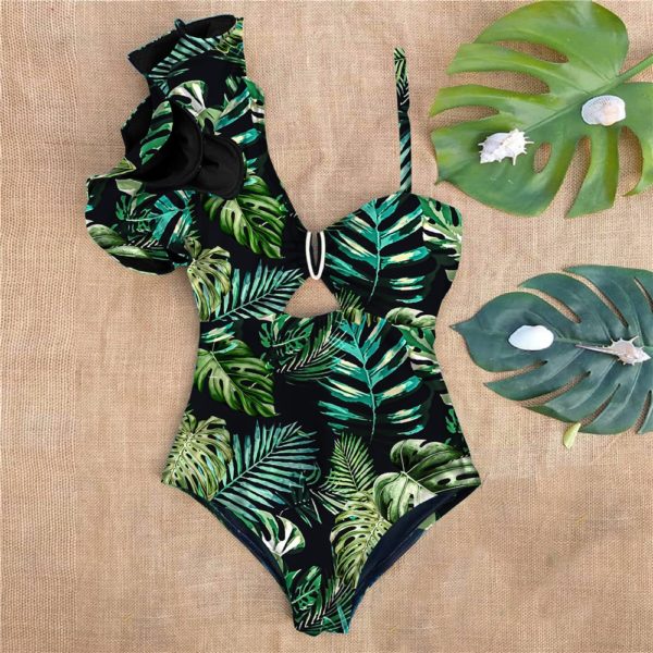 Sexy One Shoulder Ruffle One Piece Swimsuit Print Floral Swimwear Women Swimsuit Bathing Suit Beachwear Monokini 1