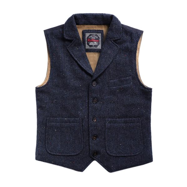 Red Tornado Classic Wool Tweed Waistcoat Retro Men s Herringbone Lapel Vest Blue 1