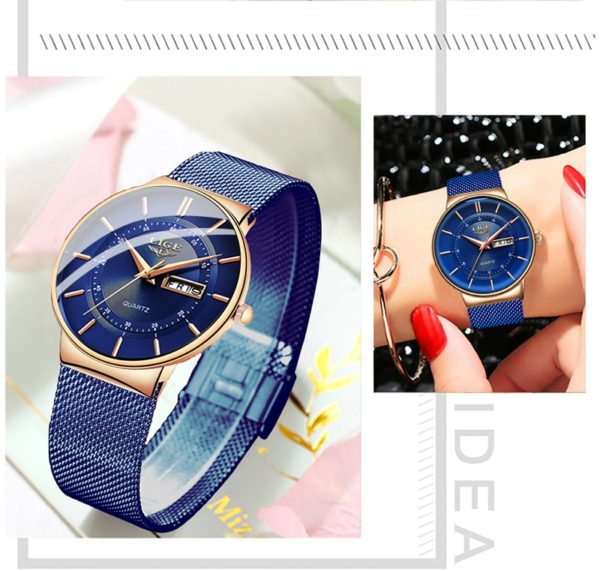 LIGE Women Watches Luxury Brand Ultra thin Calendar Week Quartz Watch Ladies Clocks Mesh Stainless Steel 2