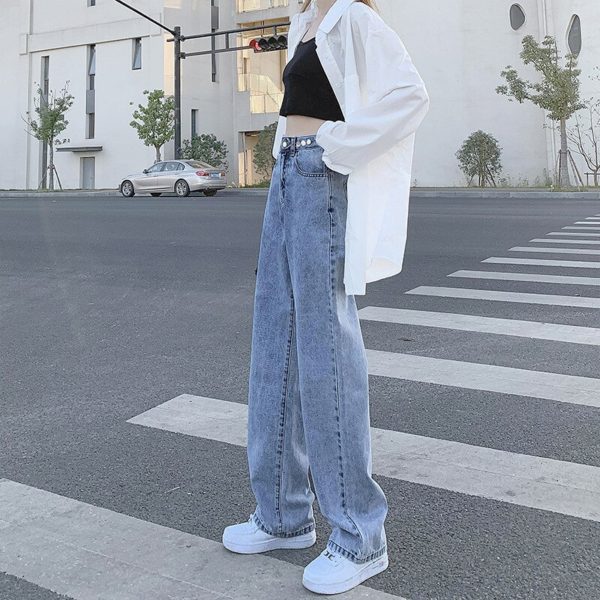 Autumn Winter Wide Leg Jeans Light Blue Gray Straight Leg Jeans Pants Women High Waisted Jeans 1