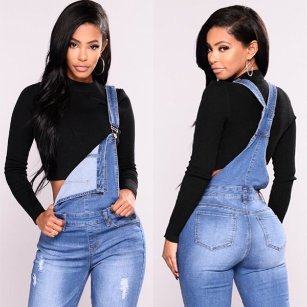 European American Denim Suspender Pants With Hole Plus Size Long Jeans For women New Denim Leggings 1