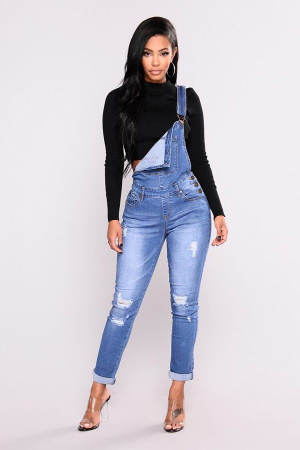 European American Denim Suspender Pants With Hole Plus Size Long Jeans For women New Denim Leggings 3