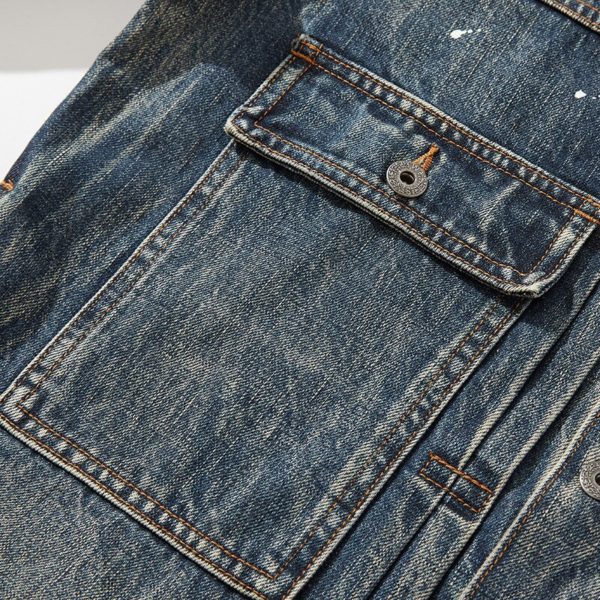 Men Fashion Heavy15 oz Selvedge Denim Jacket Collarless Nostalgic Loose Jean Coat Old Ink Splash Denim 1