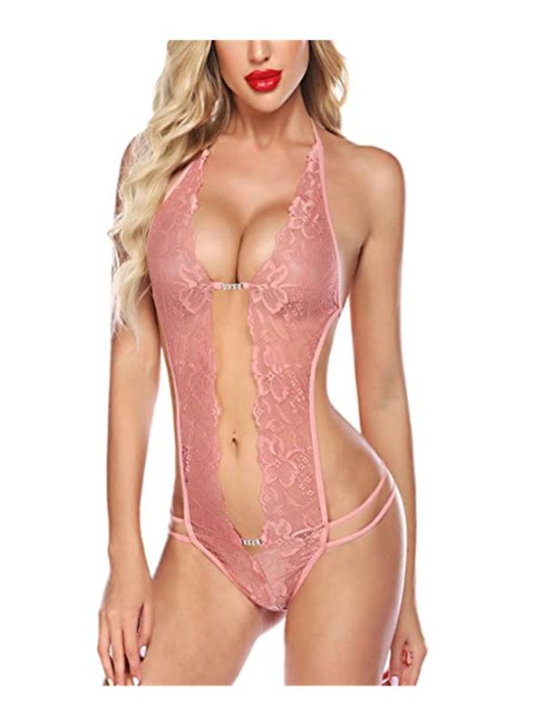 eWingFly Women Pink Lingerie Sale Sexy Lace Bodysuit Deep V Teddy Babydoll Lingerie XS XXXL